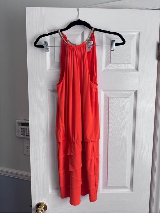 Cache Dresses & Skirts - Cache Coral Orange Halter Dress Size 4 Gold Chain Neck Tiered Ruffle Cocktail